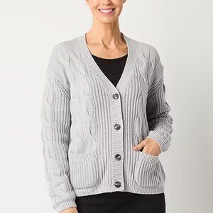 NWT St. John's Bay Women's V Neck Long Sleeve Button Cardigan, Lt Heather Gray